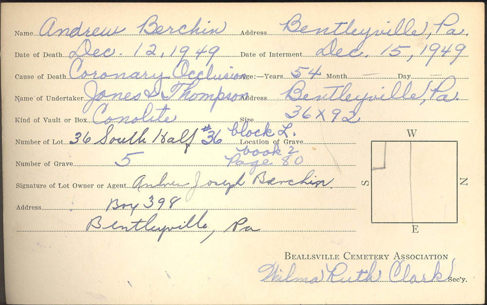 Andrew A. Berchin  burial card